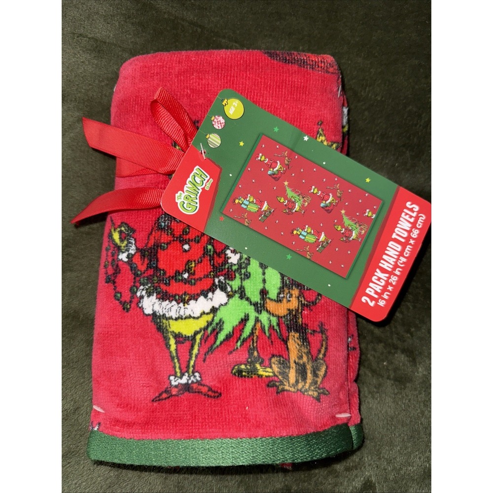 Dr. Seuss Hand Towels 16x26 Red Grinch Holding Lights Christmas 2 Pack NWT